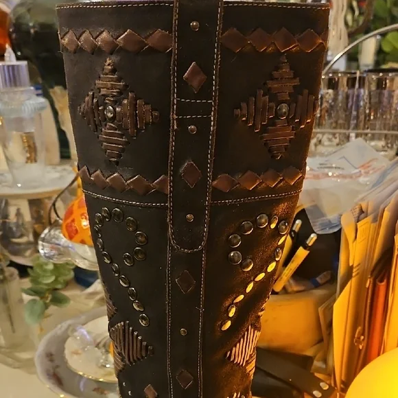 Mark Nason Black and Brown Embellished Long Zipper Boots - Picture 5 of 8